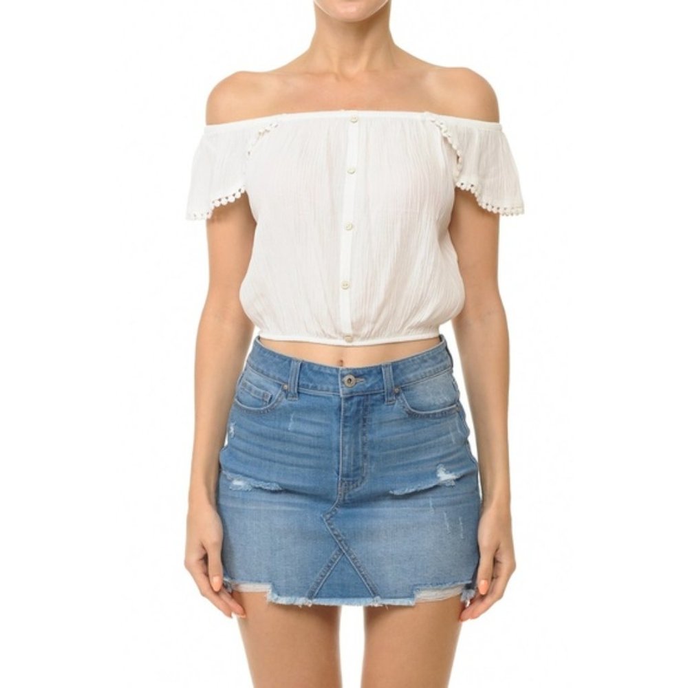 White off the shoulder flutter sleeve crop top